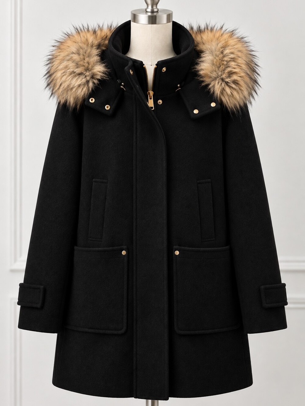 Nine West Black Wool Pea Coat with Faux Fur Trim